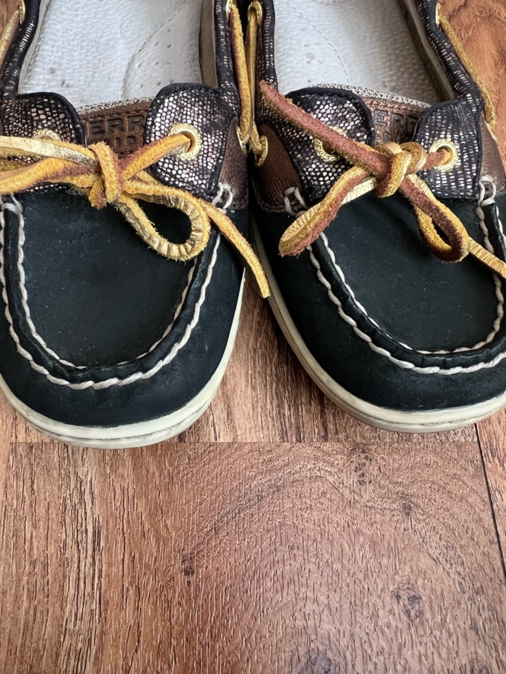 Sperry TopSider Boat Shoes Women 7.5M Black Brown Metallic Leather Lace Up Flats - Picture 10 of 13